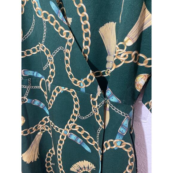 Neiman Marcus Green Chain-Print Wrap V-Neck Midi Dress Small Flutter Sleeve Belt - Picture 4 of 11